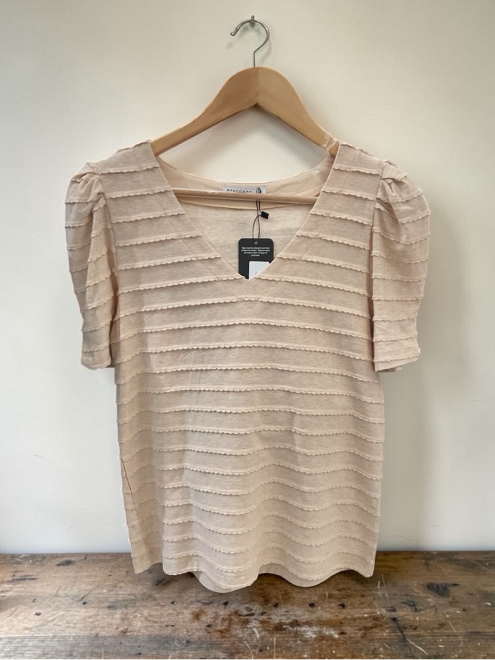 Pleated Texture Stripe Top- Beige
